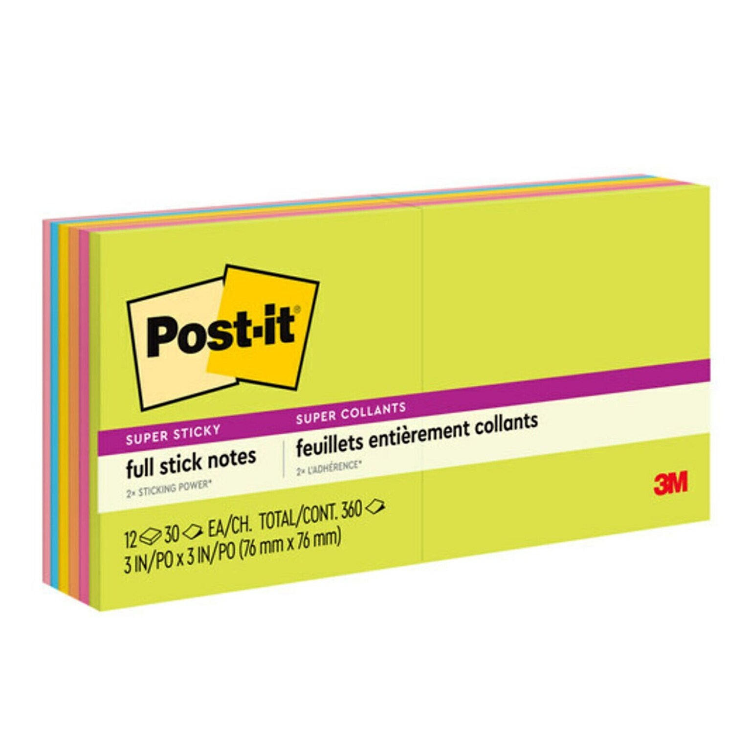Post-it® Super Sticky Full Stick Notes, 3 x 3, Energy Boost Collection, 25 Sheets/Pad, 12 Pads/Pack (F330-12SSAU)