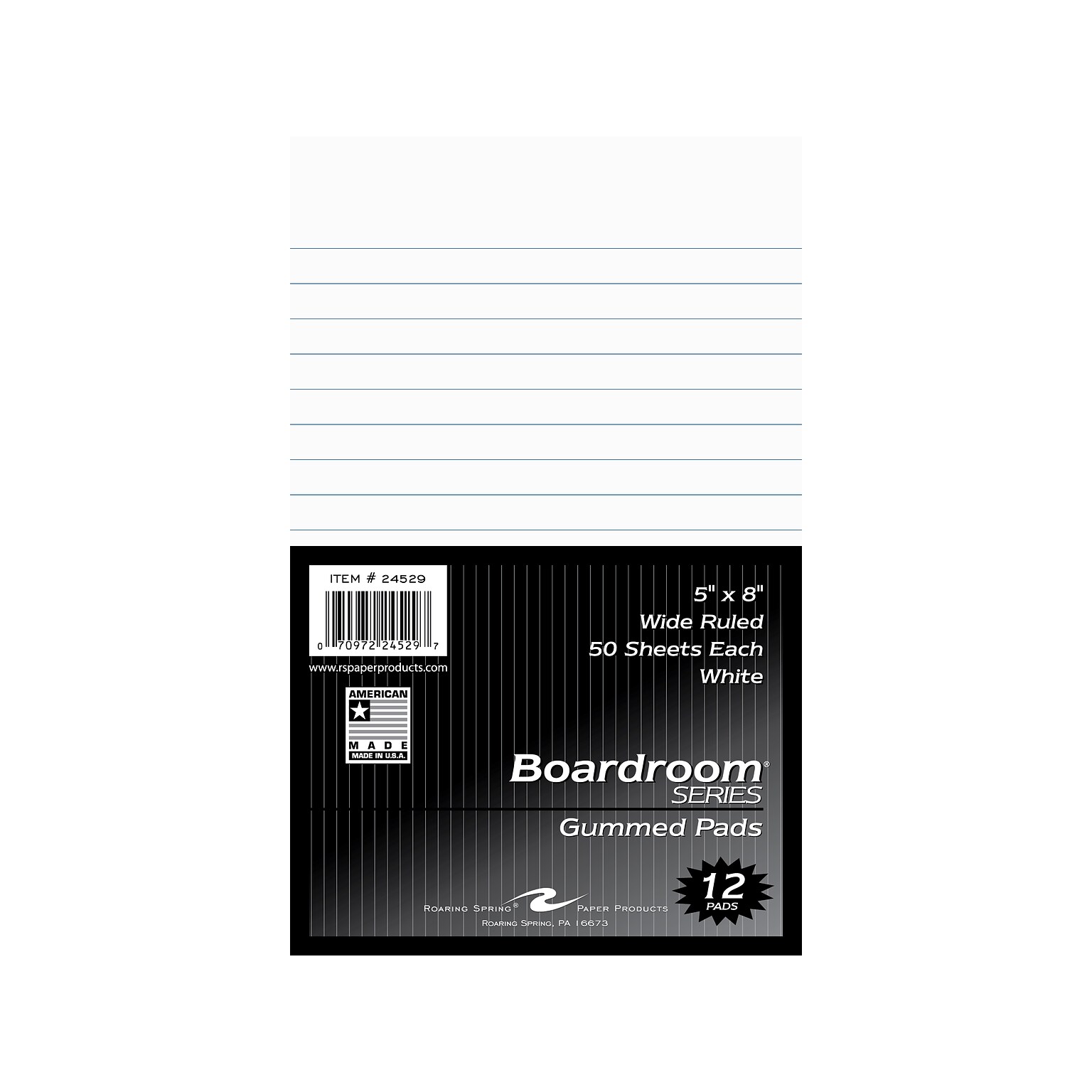 Roaring Spring Paper Products Boardroom Series Notepad, 5 x 8, Wide Ruled, White, 50 Sheets/Pad, 144 Pads/Carton (24529CS)