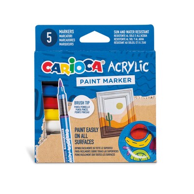 CARIOCA Water Based Acrylic Paint Markers, Brush Tip, Assorted Colors, 5/Set, 2/Bundle (CRA45280-2)