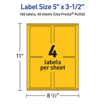 Avery Laser/Inkjet Rectangle Multipurpose Labels, 5" x 3.5", Bright Yellow, 160/Pack (94256)