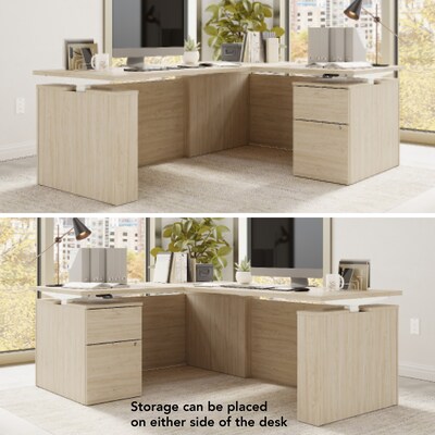 Bush Business Furniture Stratus 60"W Electric L-Shaped Adjustable Standing Desk with Cabinet, Natural Elm (SUT015NE)