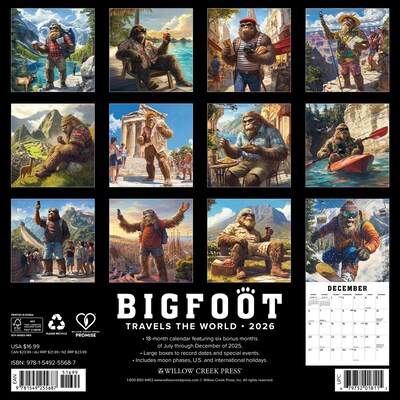 2026 Willow Creek Bigfoot Travels the World 12 x 12 Monthly Wall Calendar (55687)