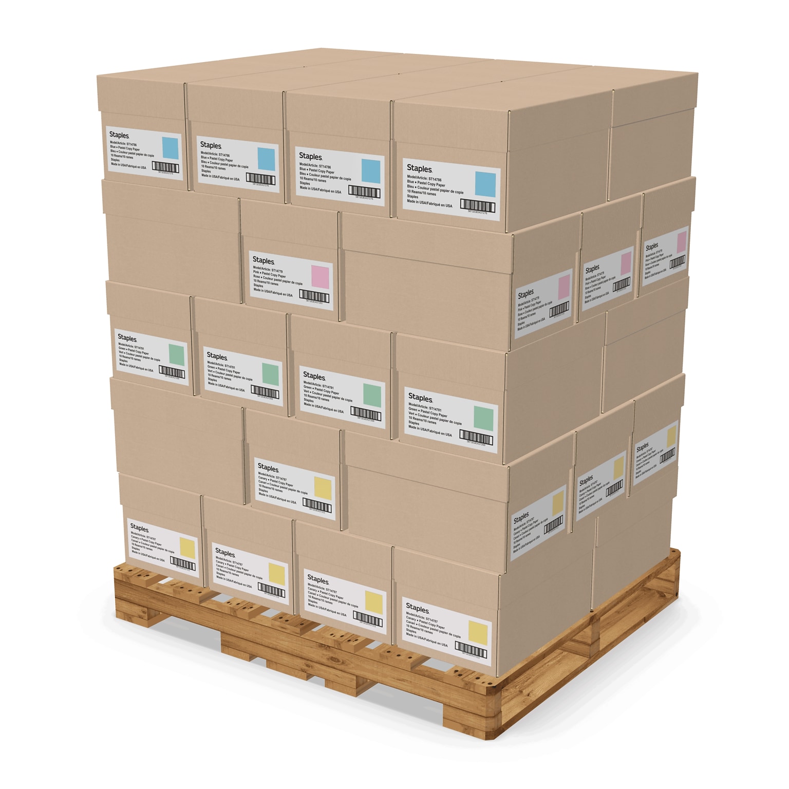 Staples Pastel 30% Recycled Color Copy Paper Mixed Pallet, 20#, 8.5 x 11, 400 reams per pallet (6025)