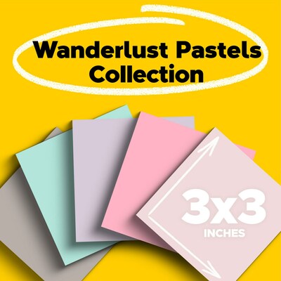 Post-it Recycled Super Sticky Notes, 3" x 3", Wanderlust Pastels Collection, 70 Sheets/Pad, 5 Pads/Pack (654R-5SSNRP)