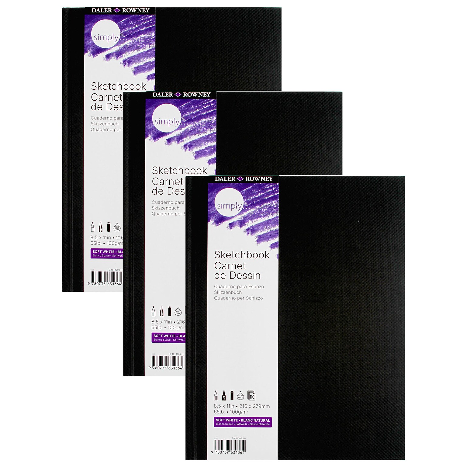 Daler-Rowney Simply 8.5 x 11 Hard Bound Sketch Book, 110 Sheets/Book, 3/Bundle (DRWD481100811-3)