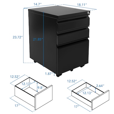 Mount-It! 3-Drawer Mobile File Cabinet, Letter & Legal Size, Lockable, 23.72"H x 14.7"W x 18.11"D, Black (MI-941B)
