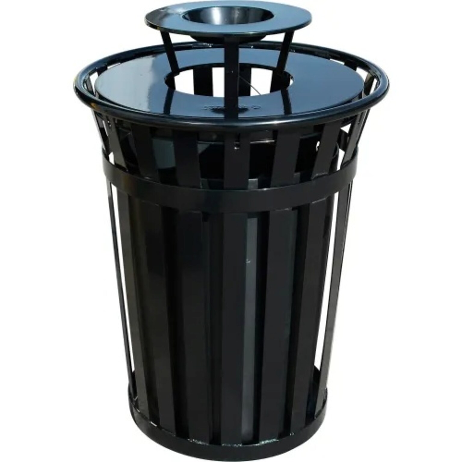 Global Industrial Outdoor Slatted Steel Trash Can w/ Ashtray Lid, 36 Gallon, Black (641632BK)