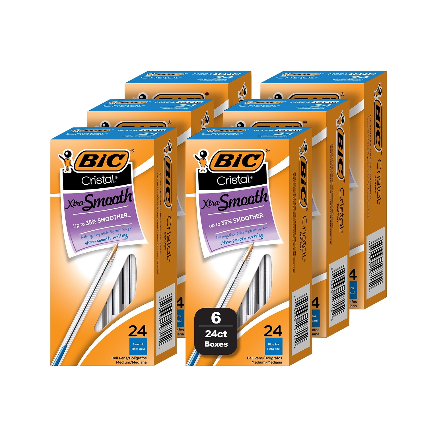 BIC Cristal Xtra Smooth Ballpoint Pen, Medium Point, Blue Ink, 24/Box, 6 Boxes/Pack (MS144E-BLU)