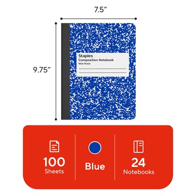 STAPLES Composition Notebook, 9.75” x 7.5”, Wide Ruled, 100 Sheets, Blue, 24-Pack