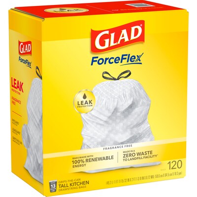 Glad ForceFlex Tall 13 Gallon Kitchen Drawstring Trash Bags, White, 120/Box  (78564), Staples