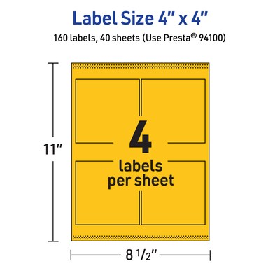 Avery Laser/Inkjet Square Multipurpose Labels, 4" x 4", Bright Yellow, 160/Pack (94100)