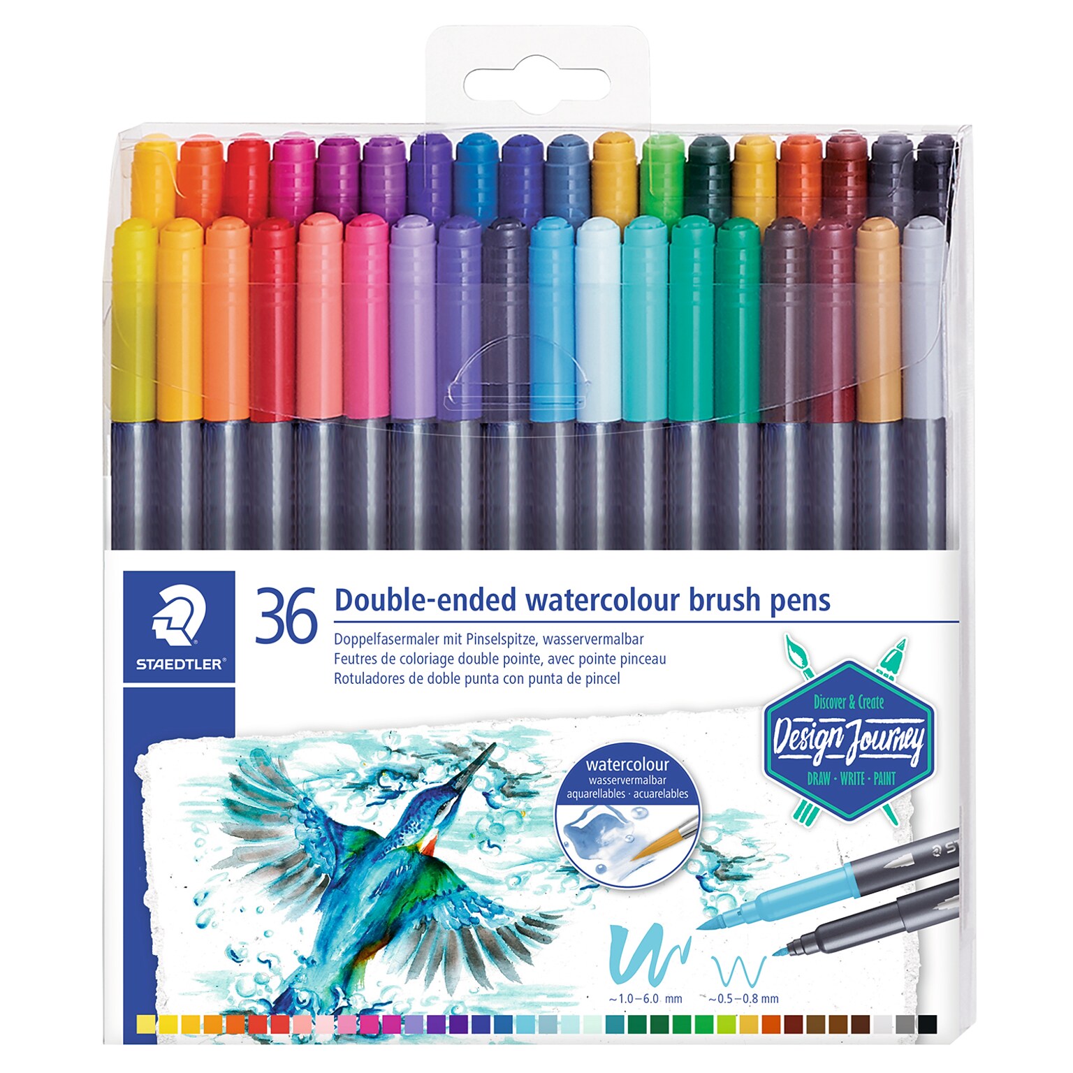 Staedtler Washable Double-Ended Watercolor Brush Pens, Twin Tip, Assorted Colors (3001 TB36)