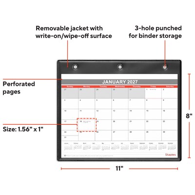 2027 Staples 11 x 8 Monthly Wall Calendar, White/Red/Gray (ST12949-27)