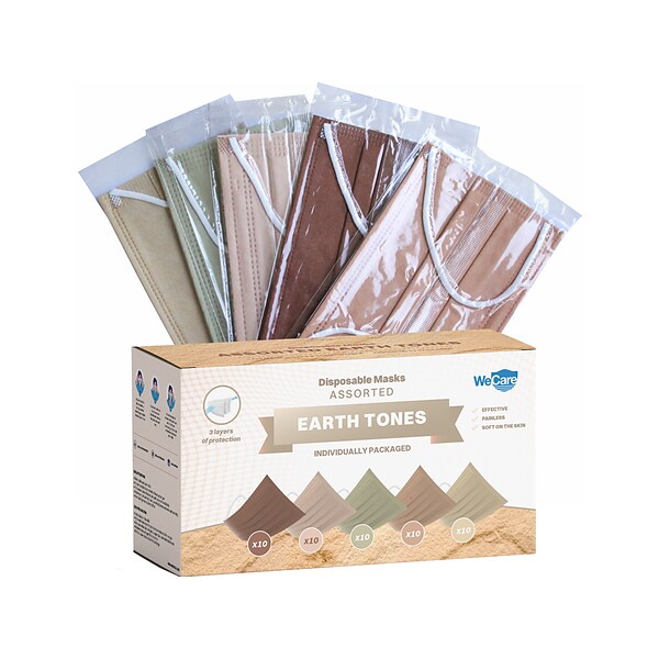WeCare 3-ply Disposable Face Masks, Adult, Assorted Earth Tones, 50/Box (WMN100090)