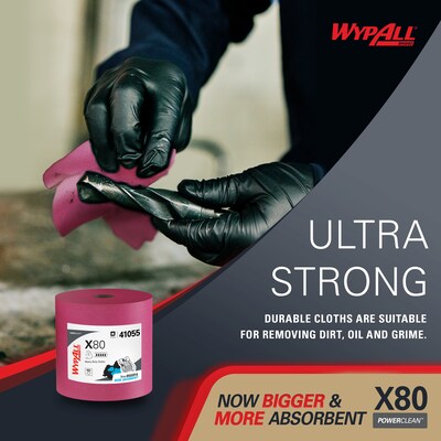 WypAll PowerClean X80 Cloth Cleaning Wipers, 16.8" x 12.5", Red, 455 Sheets/Roll (41055)