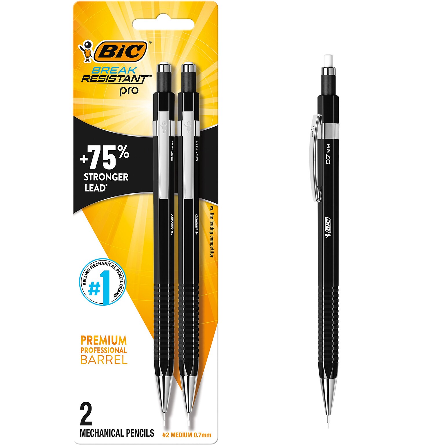 BIC Break Resistant Pro Mechanical Pencil, 0.7mm Medium Point, 2/Pack (MVR7P2-BLK)