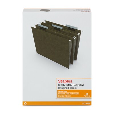 Staples® 95% Recycled Hanging File Folders, 1/3-Cut Tab, Letter Size, Standard Green, 25/Box (ST116806/116806)