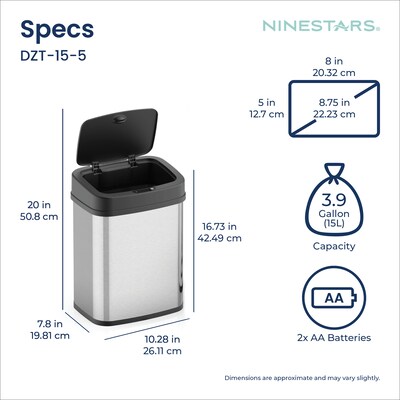 Nine Stars Stainless Steel Motion Sensor Trash Cans, Silver, 2/Pack (CB50-28/15-5)