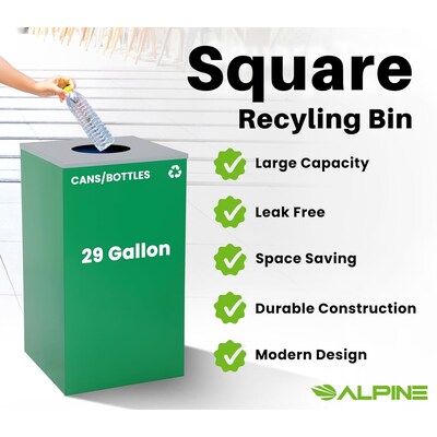 Alpine Industries Steel Recycling and Trash Can with Square and Circle Lid, 29 Gallon, Multicolor, 3/Pack (ALP4450-BLK-KIT35)