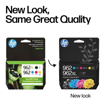 HP 962XL/962 Black High Yield and Cyan/Magenta/Yellow Standard Yield Ink Cartridge, 4/Pack (3JB34AN#140)