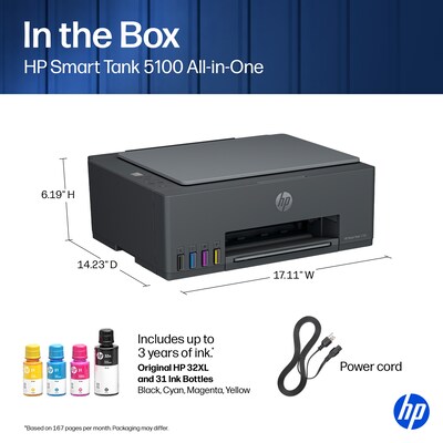 HP Smart Tank 5100 Wireless All-in-One Supertank Printer, Up to 3 Years of Ink Included (D06BLA)