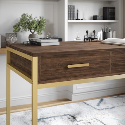 Martha Stewart Ollie 47"W Home Office Desk with 3 Drawers, Walnut/Polished Brass (ZGZP028BRGLD)