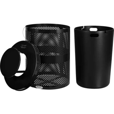 Global Industrial Outdoor Perforated Steel Trash Can w/ Rain Bonnet Lid, 36 Gallon, Black (261927BK)