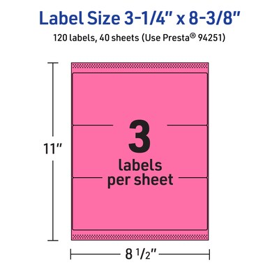 Avery Rectangle Laser/Inkjet Multipurpose Labels, 3-1/4" x 8-3/8", Bright Pink (120/Box)