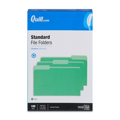 Quill Brand® File Folders, Assorted Tabs, 1/3-Cut, Legal, Green, 100/Box (741013GR)