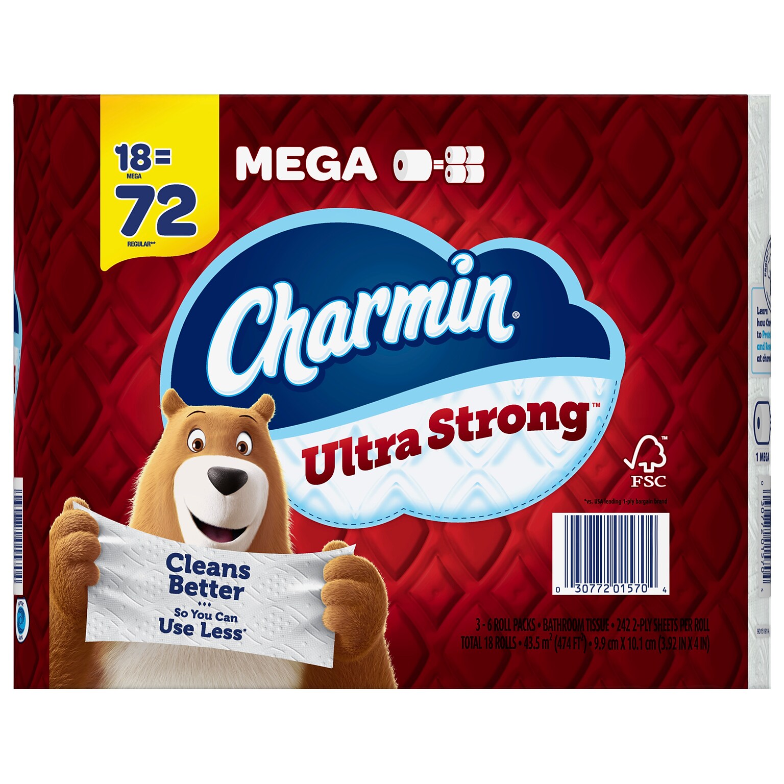 Charmin Ultra Strong Mega Toilet Paper, 2-ply, White, 242 Sheets/Roll, 18 Rolls/Pack (01560/52084)