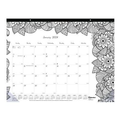 2024 Blueline DoodlePlan Botanica 22 x 17 Monthly Desk Pad Coloring Calendar, White/Black (C291731