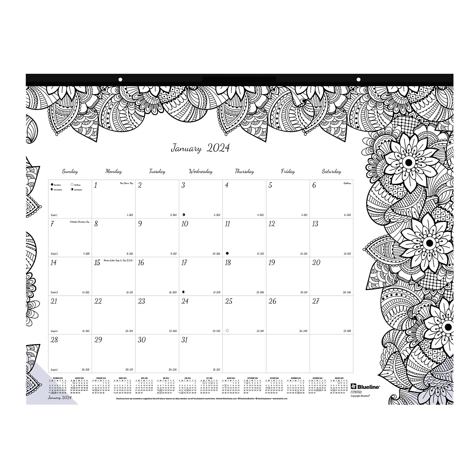 2024 Blueline DoodlePlan Botanica 22" x 17" Monthly Desk Pad Coloring