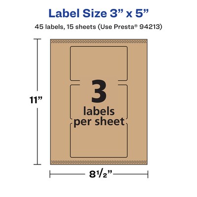 Avery Laser/Inkjet Rectangle Multipurpose Labels, 3" x 5", Kraft Brown, 45 Labels/Pack ( 94213)