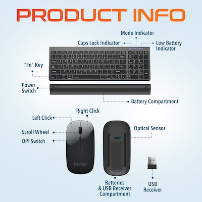 Delton N36 Wireless Keyboard Mouse and USB-A/USB-C Noise-Cancelling Computer Headset Bundle, Black (DKMN36KT1)