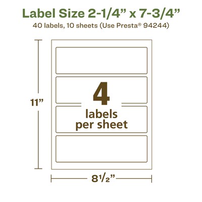 Avery EcoFriendly Laser/Inkjet Rectangle Multipurpose Labels, 2-1/4" x 7-3/4", White, 40/Pack (94244)