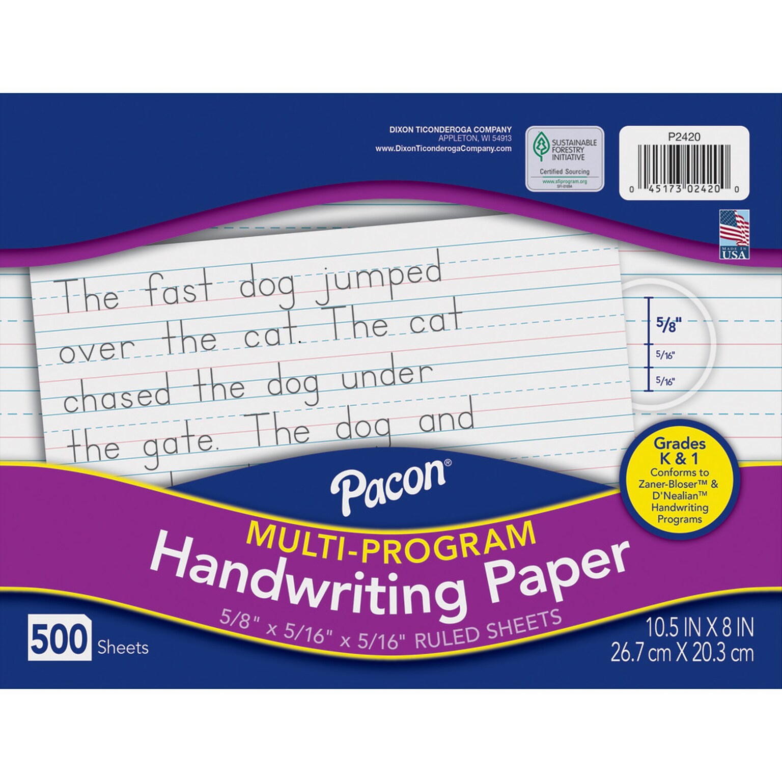 Pacon DNealian/Zaner-Bloser Multi-Program Handwriting Papers with Skip Space 10-1/2 x 8, 5/8Ruling, White, 500 Sheets/Pk