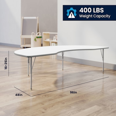 Flash Furniture Wren Kidney Activity Table, 96" x 48", Height Adjustable, White Top/Silver Frame (XUA4896KDWHTP)