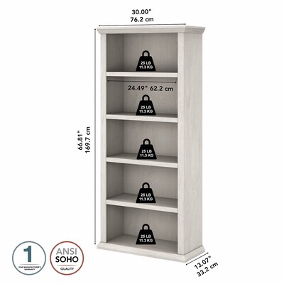 Bush Furniture Yorktown 67"H 5-Shelf Bookcase with Adjustable Shelves, Linen White Oak Laminated Wood (WC40466-03)