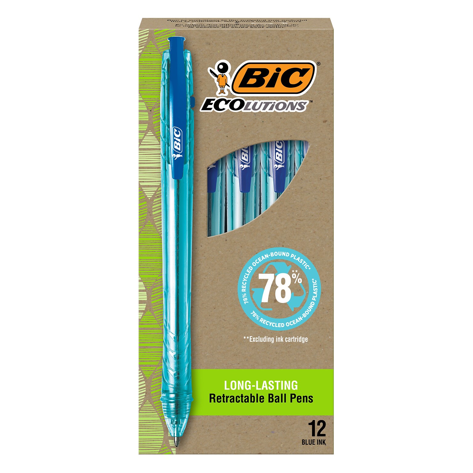 BIC Ecolutions Ocean-Bound Retractable Ballpoint Pens, Medium Point, Blue Ink, Dozen (BPRR11-BLU)