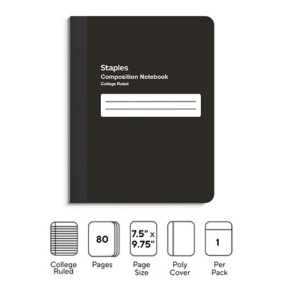 Staples Composition Notebook, 7.5 x 9.75, College Ruled, 80 Sheets, Black (TR55083)