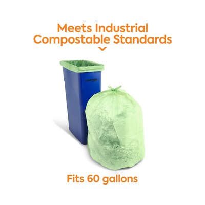 BioTuf 55-60 Gallon Compostable Industrial Trash Bag, 38" x 58", Low Density, 0.9 Mil, Light Green, 100 Bags/Box, 5 Rolls