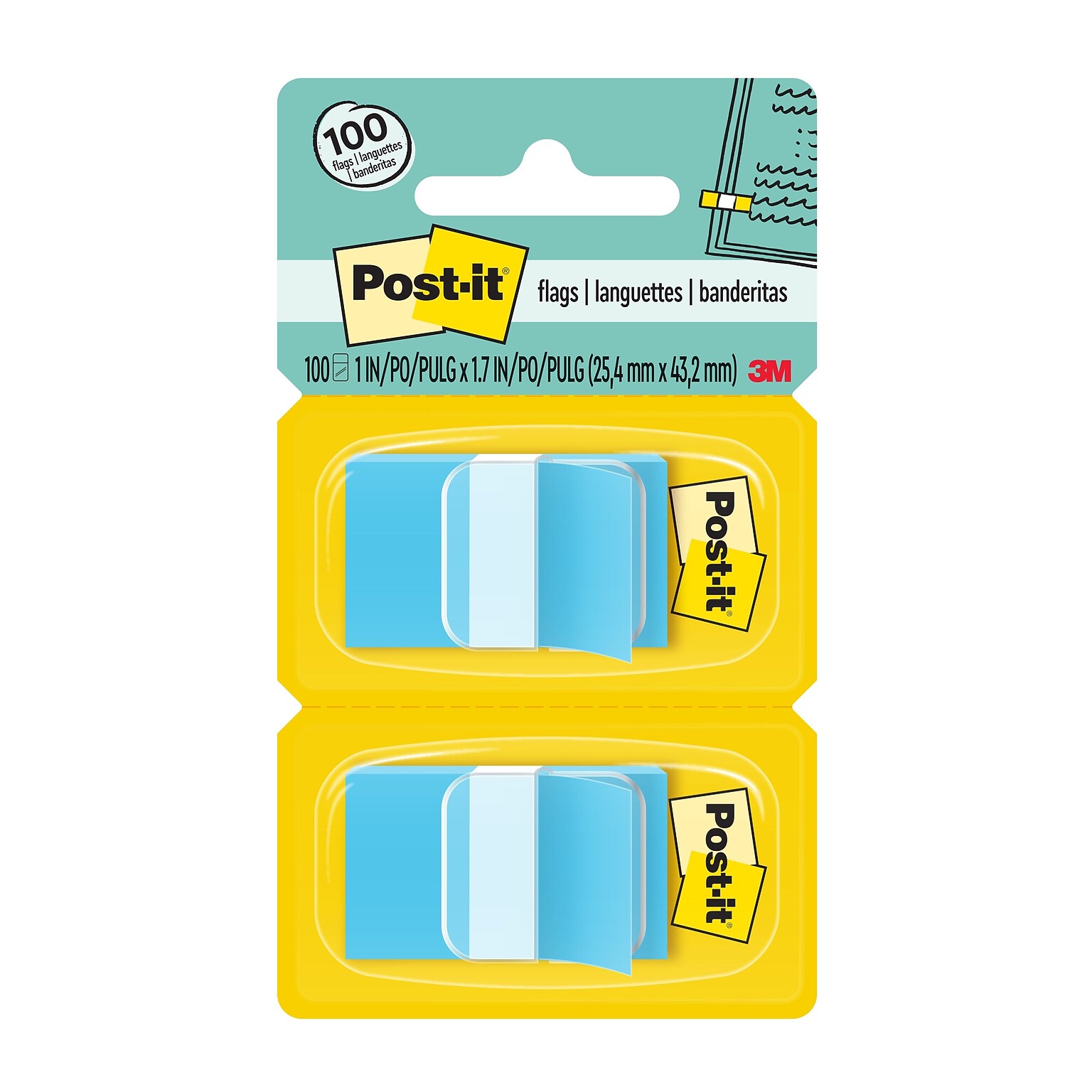 Post-it® Flags, 1 Wide, Bright Blue, 100 Flags/Pack (680-BB2)