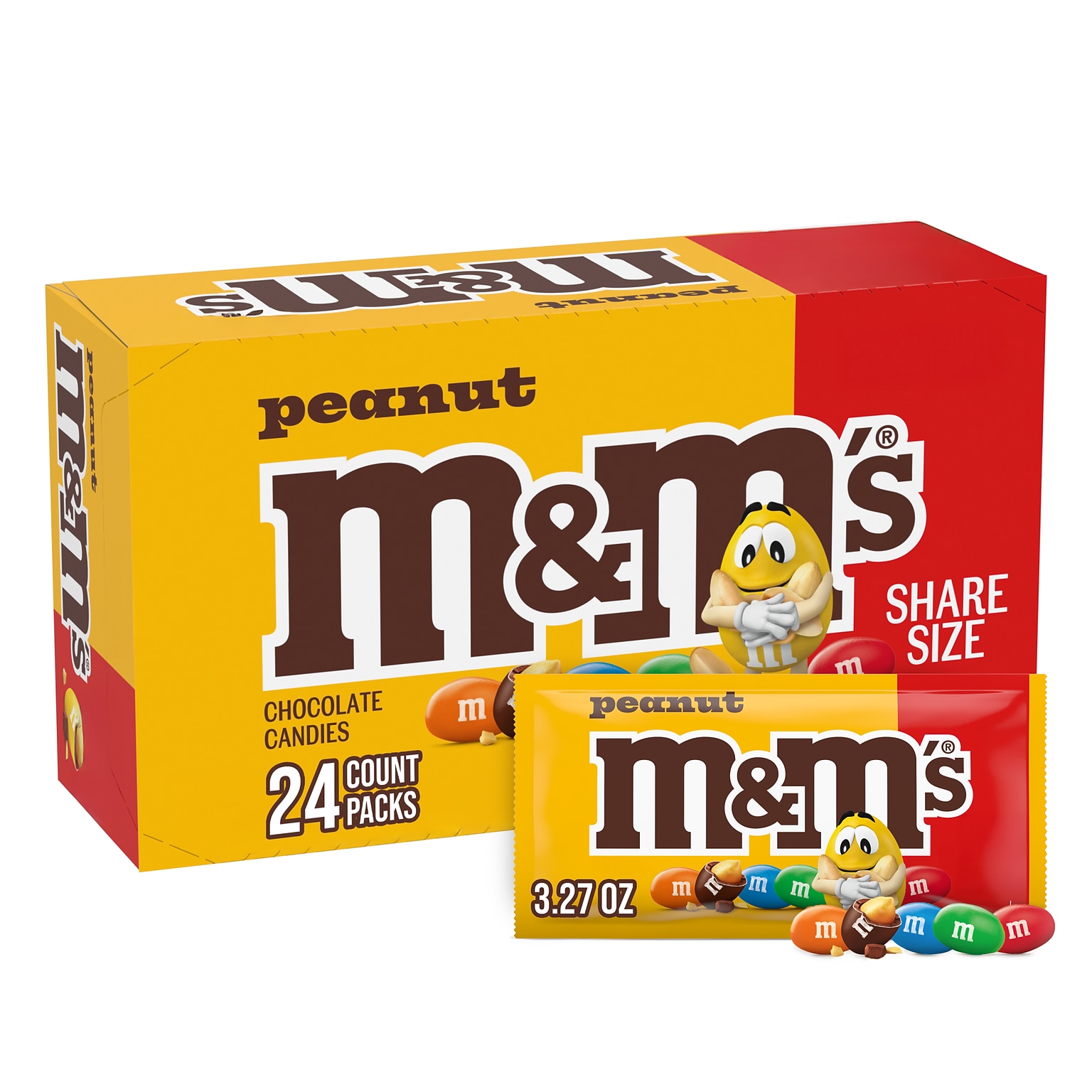 M&Ms Share Size Peanut Milk Chocolate Pieces, 3.27 oz., 24 Bags/Box (MMM04432)