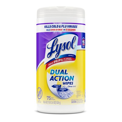Lysol Dual Action Disinfecting Wipes, Citrus Scent, 75 Wipes/Canister, 6 Canisters/Carton (192008170