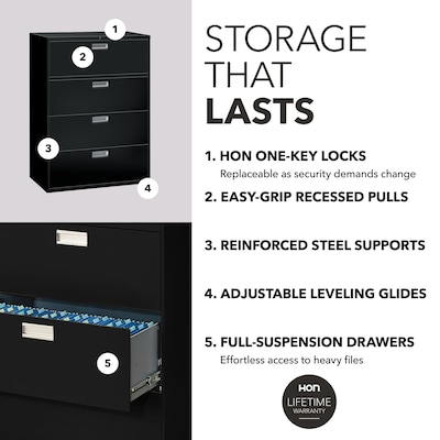 HON Brigade 600 Series 4-Drawer Lateral File Cabinet, Locking, Letter/Legal, Black, 42"W (HON694LP)