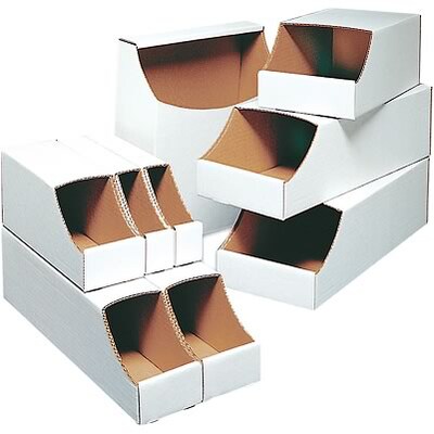 B O X Packaging Stackable Corrugated Parts Bin Box for 12 Deep Shelving; 4-1/2Hx4Wx12D, White, 50/CS