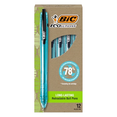 BIC Ecolutions Ocean-Bound Retractable Ballpoint Pens, Medium Point, Black Ink, Dozen (BPRR11-BLK)