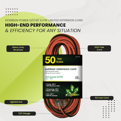 GoGreen Power 50' Indoor/Outdoor Extension Cord, 12 AWG, Orange (GG-14050)