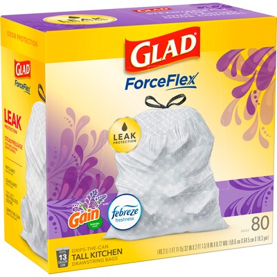 Glad ForceFlex Tall 13 Gallon Mediterranean Lavender Kitchen Drawstring Trash Bags, White, 80/Box (78902)