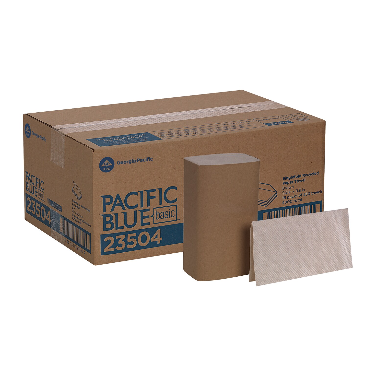 Pacific Blue Basic Recycled Single Fold Paper Towels, 1-ply, Brown, 250 Sheets/Pack, 16 Packs/Carton (23504)